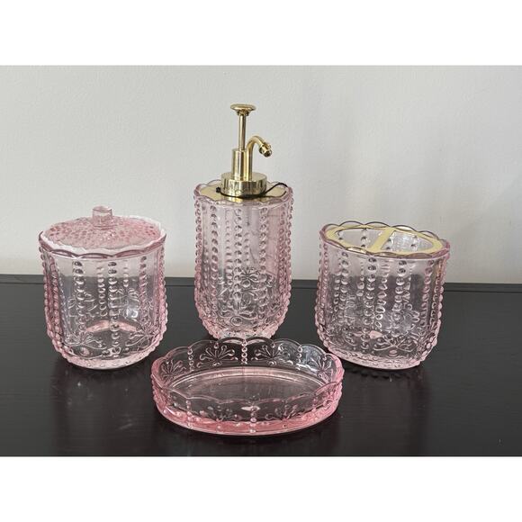 New 4PC Pink Glass Bathroom Set Soap Dispenser Vintage Inspired Hobnail Scallop - Picture 1 of 9